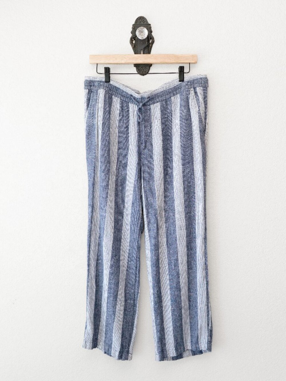 Old Navy Womens L Blue White Striped Linen Blend Wide Leg Pants Drawstring - Picture 2 of 14